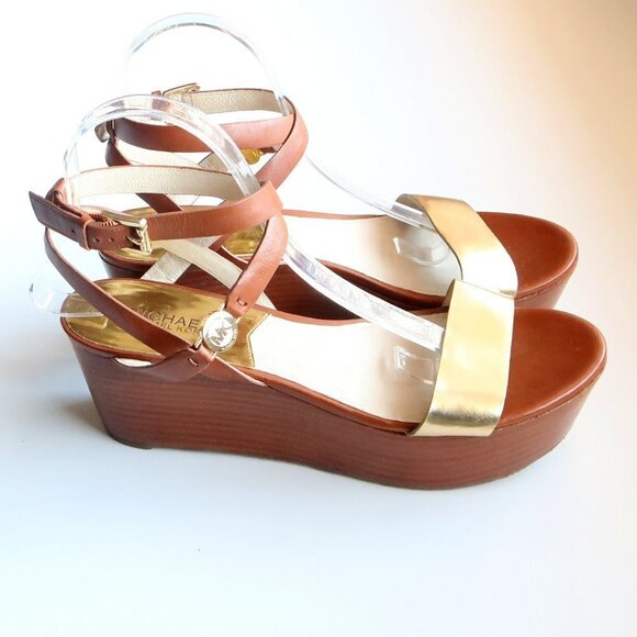 Michael Kors Brown & Gold Platform Wedge Strappy Open Toe Sandals / Summer Shoes - Picture 3 of 16